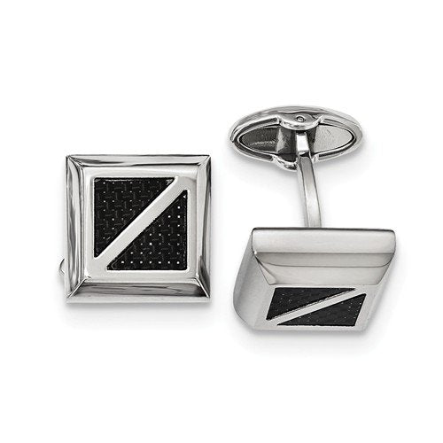 Stainless Steel, Polished, Black Carbon Fiber Inlay Square Cuff Links