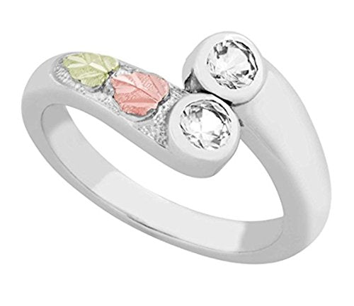 Ave 369 2-Stone CZ Bypass Ring, Sterling Silver, 12k Green and Rose Gold Black Hills Gold Motif