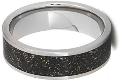 Black Meteorite Ring with 14k Yellow Gold Flecks 7mm Comfort-Fit Titanium Band, Size 10.25