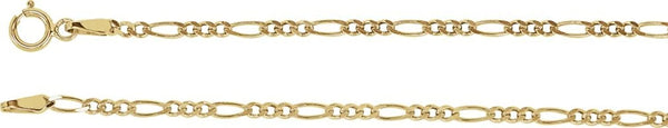 2mm 14k Yellow Gold Solid Figaro Chain Bracelet, 7"
