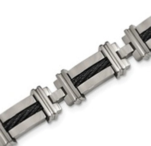 Men's Cable Squared Collection Gray Titanium Black Memory Cable Link Bracelet, 8.5"