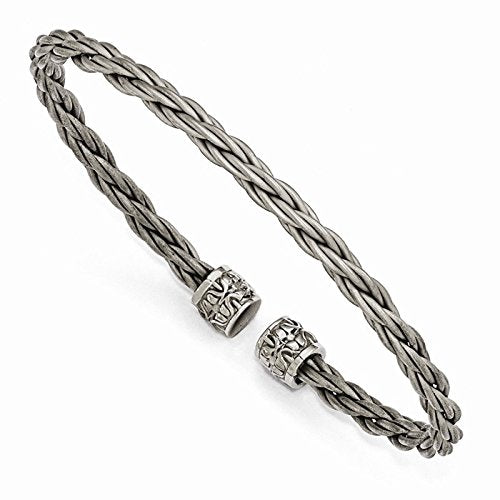 Men's Signature Cable Collection Gray Titanium 5mm Cable Wire with Cast Titanium Accent Cuff Bangle Bracelet, 7"