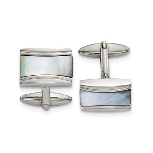 Stainless Steel Polished Mother Of Pearl Rectangle Cuff Links, 22.58MMX19.19MM