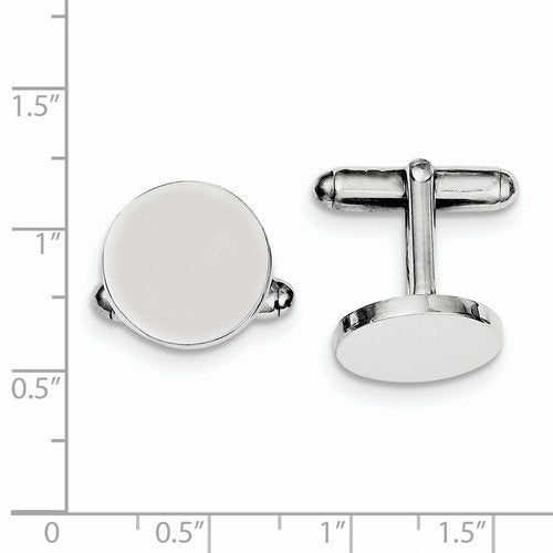 Rhodium-Plated Sterling Silver Round Cuff Links, 15MM
