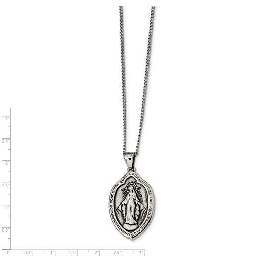 Stainless Steel Antiqued Miraculous Medal Necklace, 22" (40.13X26.31MM)