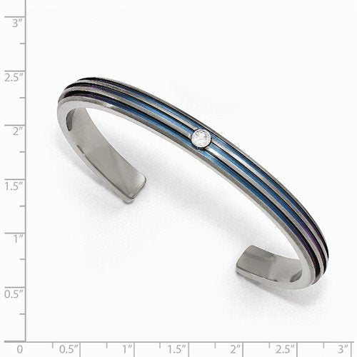 Radiance Collection Gray Titanium Triple Groove Blue Anodized and White Sapphire Cuff Bangle Bracelet