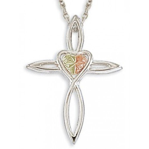 Cross Heart Pendant Necklace, Sterling Silver, 12k Green and Rose Gold Black Hills Gold Motif, 18"