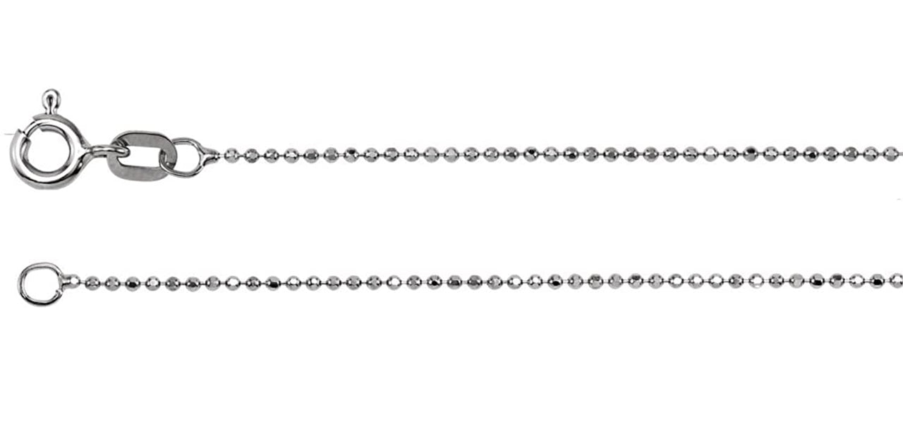 1mm Rhodium-Plated 14k White Gold Solid Diamond-Cut Bead Chain Bracelet, 7"