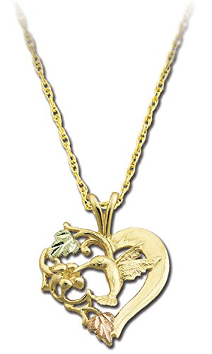 Scrollwork Heart with Hummingbird Pendant Necklace, 10k Yellow Gold, 12k Green and Rose Gold Black Hills Gold Motif, 18"
