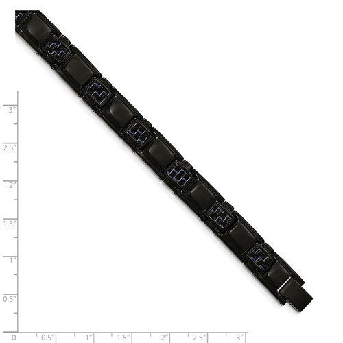 Men's Polished Stainless Steel Black IP-Plated Blue Carbon Fiber Inlay Bracelet, 8.5"