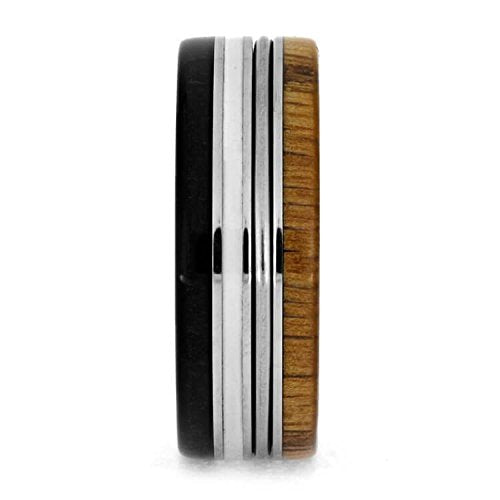 Ebony Wood, Oak Wood, Piano String, White Stripe 7.5mm Comfort-Fit Titanium Band, Size 10