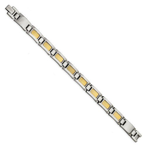 Men's Polished Stainless Steel 11mm 18k Yellow Gold Foil Bracelet, 8.25"