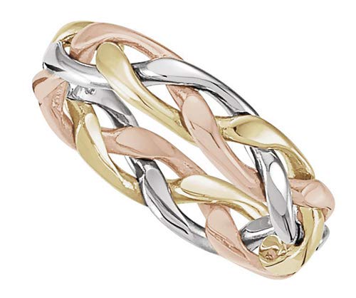 4.75mm 14k Yellow, White and Rose Gold Tri-Color Hand Woven Band, Sizes 5 to 12.5