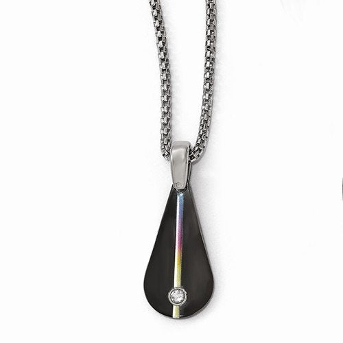 Edward Mirell Titanium Grooved Multi-Colored Anodized Black Titanium White Sapphire Teardrop Pendant Necklace, 16"-18"