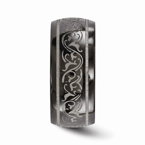 Black Ti Collection Scroll Design 10mm Comfort-Fit Dome Titanium Band