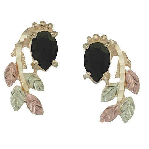 Onyx Pear Petite Leaf Cascade Earrings, 10k Yellow Gold, 12k Green and Rose Gold Black Hills Gold Motif