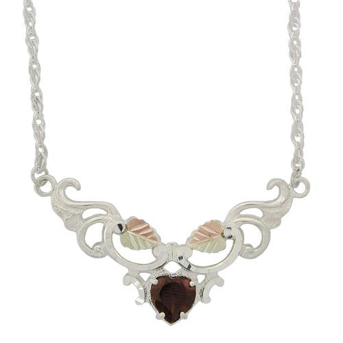 Garnet Heart Pendant Necklace, Sterling Silver, 12k Green and Rose Gold Black Hills Gold Motif, 18"