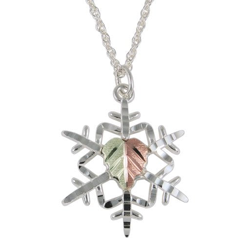 Snowflake Pendant Necklace, Sterling Silver, 12k Green and Rose Gold Black Hills Gold Motif, 18''