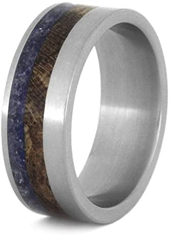 Mesquite Burl, Crushed Blue Sea Glass 7mm Matte Titanium Comfort-Fit Wedding Band, Size 15.5