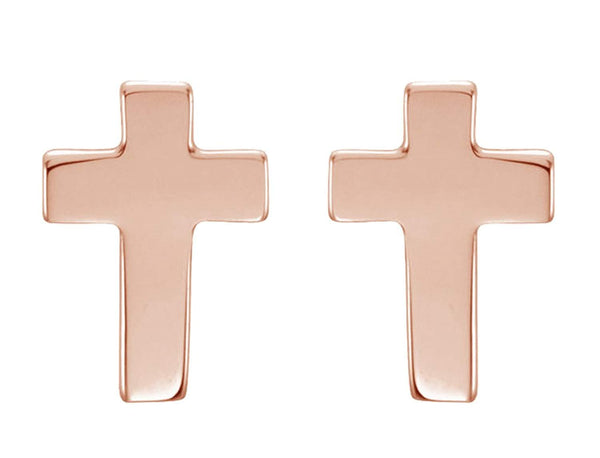 Girl's Protestant Cross Stud Earrings, 14k Rose Gold (7x5MM)