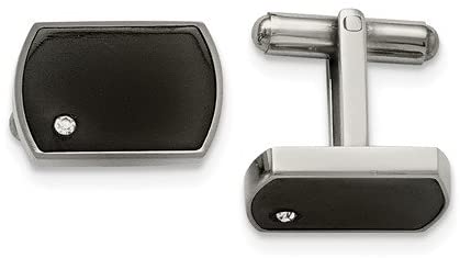 Stainless Steel Black Enamel and CZ Rectangle Cuff Links, 20X13MM