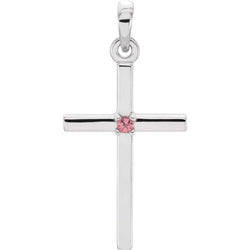 Pink Tourmaline Inset Cross Rhodium-Plated 14k White Gold Pendant (22.65x11.4MM)