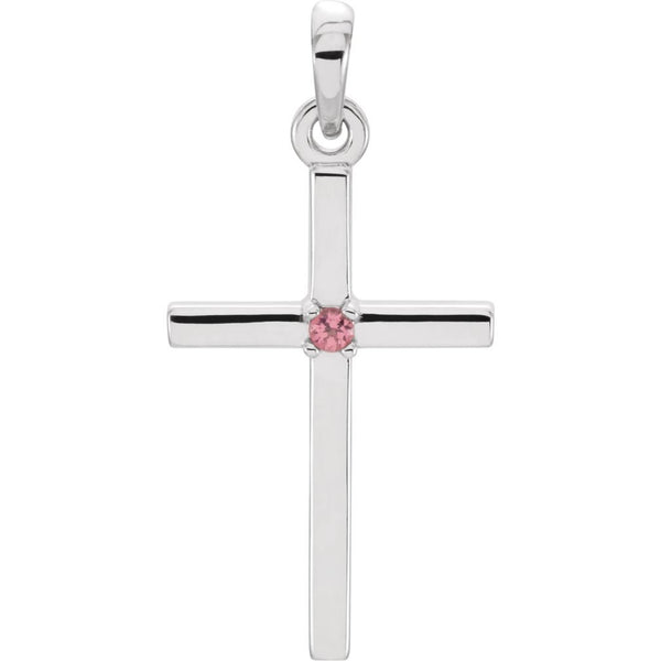 Pink Tourmaline Inset Cross Rhodium-Plated 14k White Gold Pendant (22.65x11.4MM)