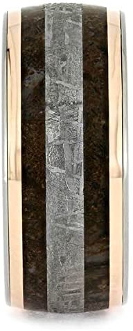 Gibeon Meteorite, Dinosaur Bone, 14k Rose Gold 10mm Titanium Comfort-Fit Whiskey Oak Wood Band, Size 15.75