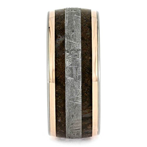 Gibeon Meteorite, Dinosaur Bone, 14k Rose Gold 10mm Titanium Comfort-Fit Whiskey Oak Wood Band