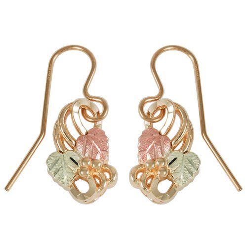 Fancy Scroll Grape Leaf Earrings, 10k Yellow Gold, 12k Rose and Green Gold Black Hills Gold Motif