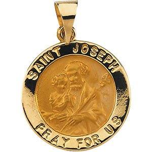 Rhodium Plated 14k Yellow Gold Hollow Round St. Joseph Medal (18.25 MM)