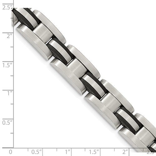 Men's Brushed Stainless Steel 11.7mm Black Polyurethane Link Bracelet, 8.25"