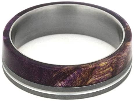 Purple Box Elder Burl Wood, Grooved Pinstripe 6mm Sandblasted Titanium Comfort-Fit Band, Size 8.5