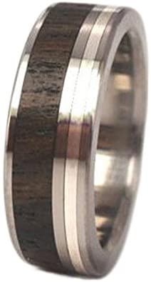 Ziricote Wood, Inlaid Sterling Silver 7mm Comfort-Fit Titanium Ring, Size 8.25