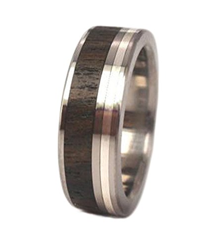 Ziricote Wood, Inlaid Sterling Silver 7mm Comfort-Fit Titanium Ring, Size 11.25