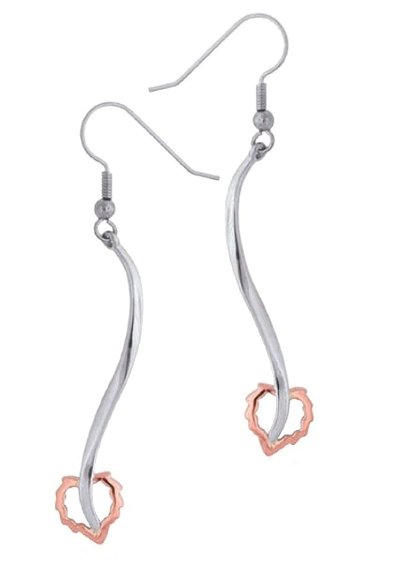 Two-Tone Dangle Heart Earrings, Rhodium Plated Sterling Silver, 10k Rose Gold
