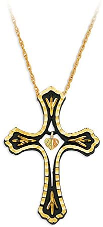 Black Powder Coat Cross Pendant Necklace, 10k Yellow Gold, 12k Pink and Green Leaf Black Hills Gold Motif, 18"