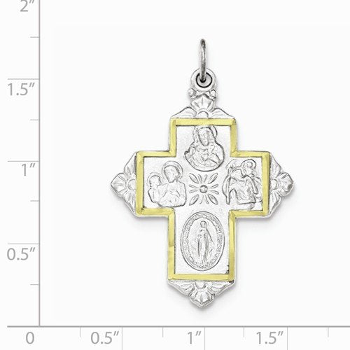 Rhodium-plated Sterling Silver and Gold-tone 4-Way Medal Cross Pendant