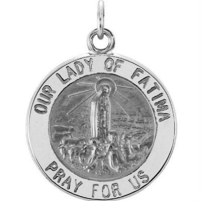 Rhodium Plated Sterling Silver Round Our Lady of Fatima Medal (18.5 MM)