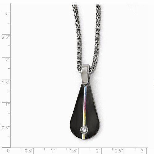 Edward Mirell Titanium Grooved Multi-Colored Anodized Black Titanium White Sapphire Teardrop Pendant Necklace, 16"-18"
