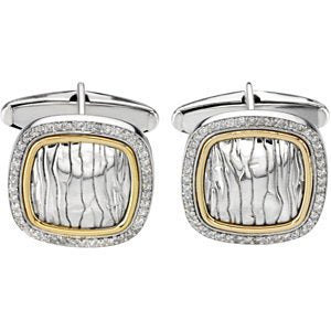 Diamond Elephant Skin Embossed Square Cuff Links, Sterling Silver, 14k Yellow Gold (.50 Ctw, GH Color, Clarity I1 )