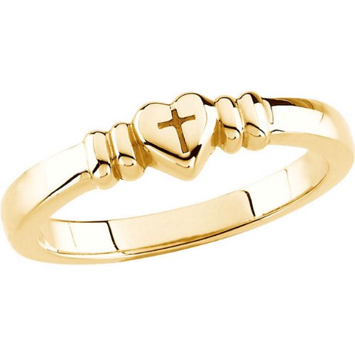 14k Yellow Gold Cross Heart Signet Ring, Size 3