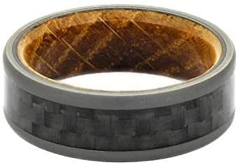 Carbon Fiber, Sandblasted Titanium 7mm Comfort-Fit Whiskey Oak Wedding Ring, Size 4