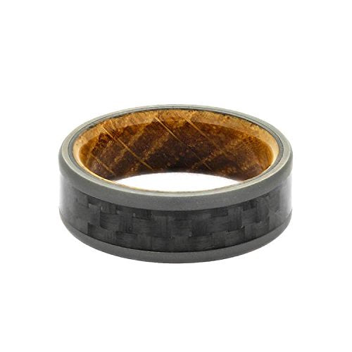 Carbon Fiber, Sandblasted Titanium 7mm Comfort-Fit Whiskey Oak Wedding Ring