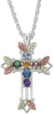 Aquamarine, Citrine, Garnet, Amethyst, Sapphire and Emerald Pointed Cross Pendant Necklace, Sterling Silver, 12k Green and Rose Gold Black Hills Gold Motif, 18"