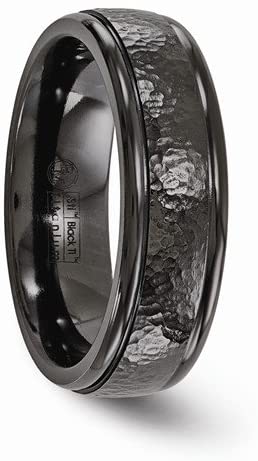 Black Ti Collection Black Titanium Grooved Hammered 7mm Wedding Band, Size 8.5