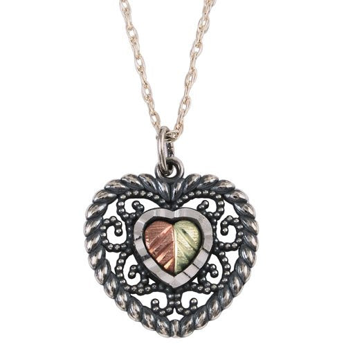 Heart Antiqued Pendant Necklace, Sterling Silver, 12k Green and Rose Gold Black Hills Gold Motif, 18''