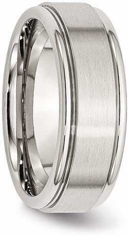 Men's Classic Brushed Stainless Steel, Ridged Edge 8mm Comfort-Fit Flat Band, Size 13