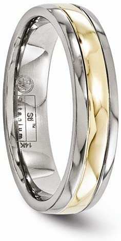 Gold Collection Titanium with 14k Yellow Gold Inlay 5mm Domed Bands,Size 10.5