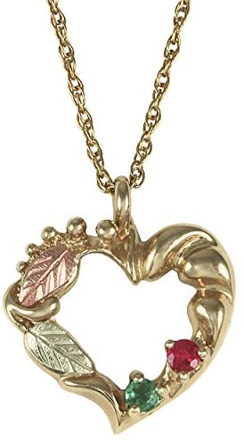 Emerald, Ruby Heart Pendant Necklace, 10k Yellow Gold, 12k Green and Rose Gold Black Hills Gold Motif, 18"